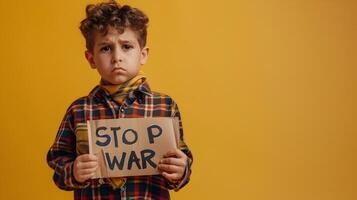 Sorrowful Palestinian Boy Demanding an End to War Through Protest Banner photo