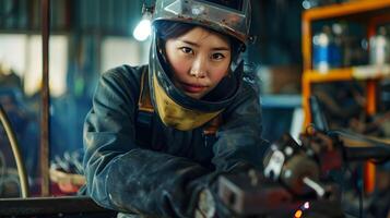 Skilled Female Welder Operates Welding Machine in Workshop Wearing Protective Gear photo