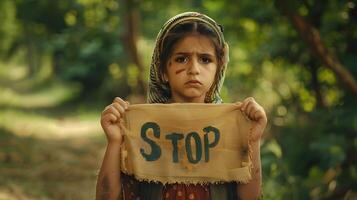 Sad Young Activist Holding Stop War Banner in Nature Filled Setting photo