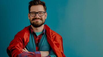 Confident Superhero Father Portrait in Neo Pop Commercial Style on Teal Background photo
