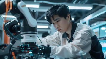 Portrait of hallyu robotics engineer working on mechanical system of robotic arm in modern industry photo