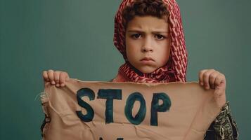 Sad Palestinian Boy Holding Stop War Banner in Neo Pop Style Portrait photo