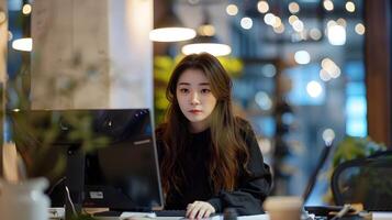 Young Businesswoman Working in Coworking Startup Office on Computer photo