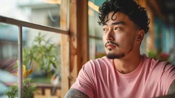 Calm Asian Man in Pink Shirt with Tattoos Gazing Through Window in Daylight photo