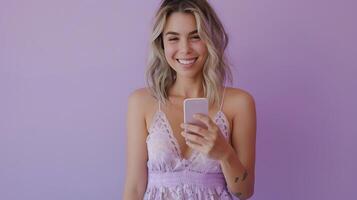 Captivating Portrait of Smiling Woman Holding Phone in Ethereal Lace Romper photo