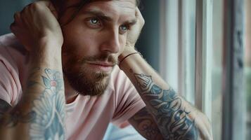 Pensive Hallyu Man Gazing Through Window in Pink Tee with Arm Tattoos photo