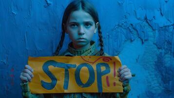 Sorrowful Girl Holding Stop War Banner in Neo Pop Style photo