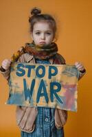 Determined Young Protester Holding Stop War Banner Against Warm Orange Background photo