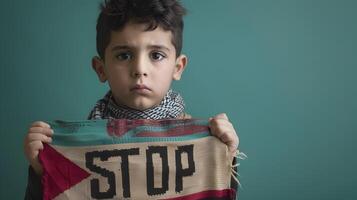 Sad Young Boy Holding a Stop War Banner in Neo Pop Style on Jade Background photo