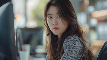 Young Asian Businesswoman Working Focused at Startup Office Desk photo