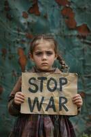 Sad Ukrainian Girl Protesting War with Stop War Banner in Natural Setting photo