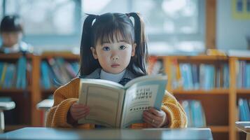Diligent Student Girl Reading Big Book at Desk in Classroom photo