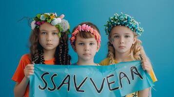 Charming Girls Wearing Floral Crowns Against Vibrant Blue Background photo