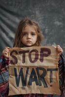 Sad Ukrainian Girl Holding Stop War Banner in Muted Gray Setting photo