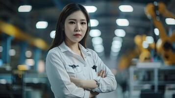 Confident Female Project Manager in Modern Industrial Factory Setting photo