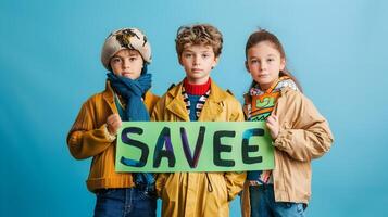 Diverse children activists holding Save banner on blue background photo