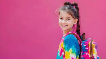 Cheerful Young Girl in Vibrant Tie dye Dress Returning to School with Backpack on Neon Pink Background photo