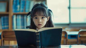 Asian Schoolgirl Intently Reading Textbook at Desk in Classroom photo