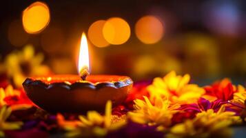 Glowing Diwali Candles and Lotus Flowers in Autumn Setting photo
