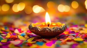Colorful Rangoli Patterns and Diwali Candle Light on Festive Background photo