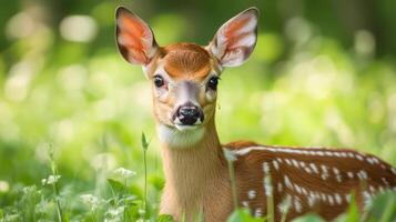 Alert Young Deer Standing in Lush Green Meadow photo