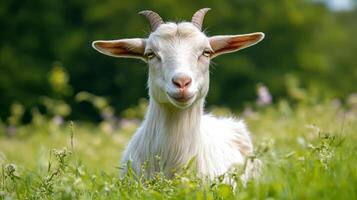 Adorable White Goat Grazing in Lush Green Meadow on Sunny Summer Day photo