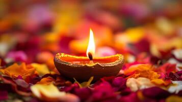 Flickering Candle Flame on Rose Petals against Colorful Background photo