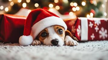 Adorable Puppy Wearing Santa Hat Relaxing by Christmas Presents photo