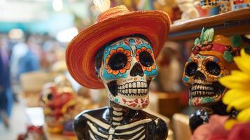 Colorful Day of the Dead Skull and Souvenirs on Display in a Mexican Marketplace photo