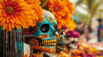 Vibrant of Day of the Dead with Skull and Marigold Flowers photo