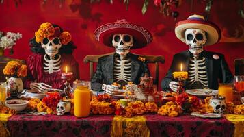 Festive Dia de los Muertos Altar with Colorful Skeletons and photo