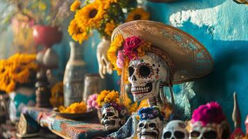 Vibrant Dia de los Muertos with Colorful Skulls and Flowers photo