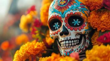 Vibrant Day of the Dead Sugar Skull with Marigold Flowers and Ornate Patterns photo