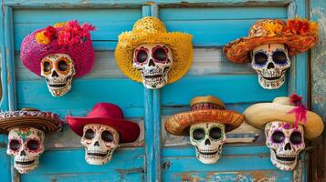 Colorful Dia de los Muertos Sugar Skull on Rustic Wooden Frame photo