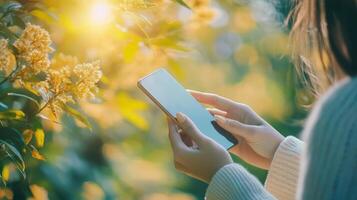Woman using smartphone while surrounded by nature and greenery photo