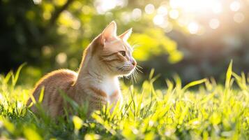 Calm Domestic Cat Relaxing in Lush Green Grass Under Warm Sunlight photo