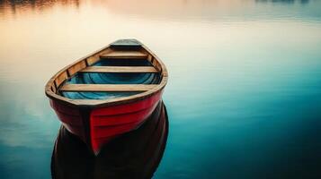 Tranquil Wooden Boat Floating on a Serene Lake at Dusk photo