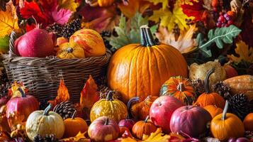 Vibrant Autumn Harvest Display with Pumpkins,Leaves,and Baskets photo