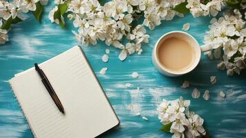 Blooming Spring Flowers and Coffee Cup on Wooden Table in Cozy Workspace photo