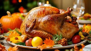 Beautifully Arranged Thanksgiving Dinner Table with Roasted Turkey and Fall photo