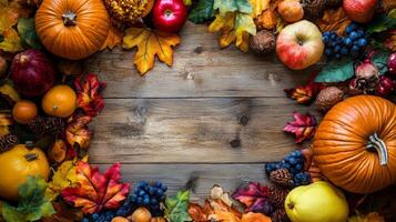 Vibrant Autumn Harvest Arrangement on Rustic Wooden Table photo
