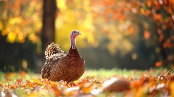 Close-up of a Wild Turkey in a Vibrant Autumn Landscape with Colorful Foliage photo