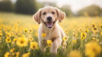 Adorable Labrador Puppy Running Through Flower Meadow in Sunny Summer Day photo