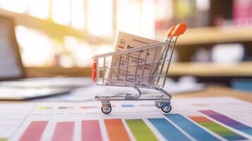 Shopping Trolley on Table with Paperwork and Digital Devices for Business and Retail Analysis photo