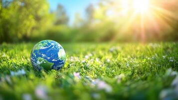 Glowing Planet Earth Nestled in Vibrant Green Meadow Under Bright Sunlight photo