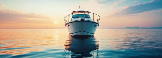 Solitary Boat Floating on Serene Ocean Sunset photo