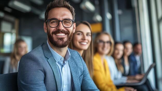 Confident business team discussing in modern office photo