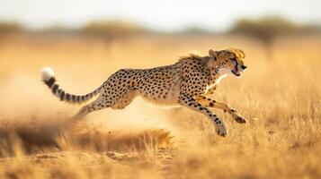 Speeding Cheetah Hunting Prey in African Savanna Landscape photo