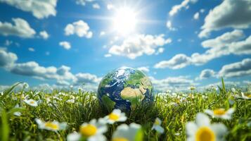 Glowing Earth Surrounded by Vibrant Green Grass and Blooming Flowers Under a Bright Sun and Blue Sky with White Fluffy Clouds photo