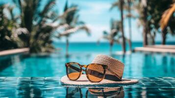 Relaxing at a Tropical Resort Pool with Sunglasses and a Hat on a Sunny Day photo